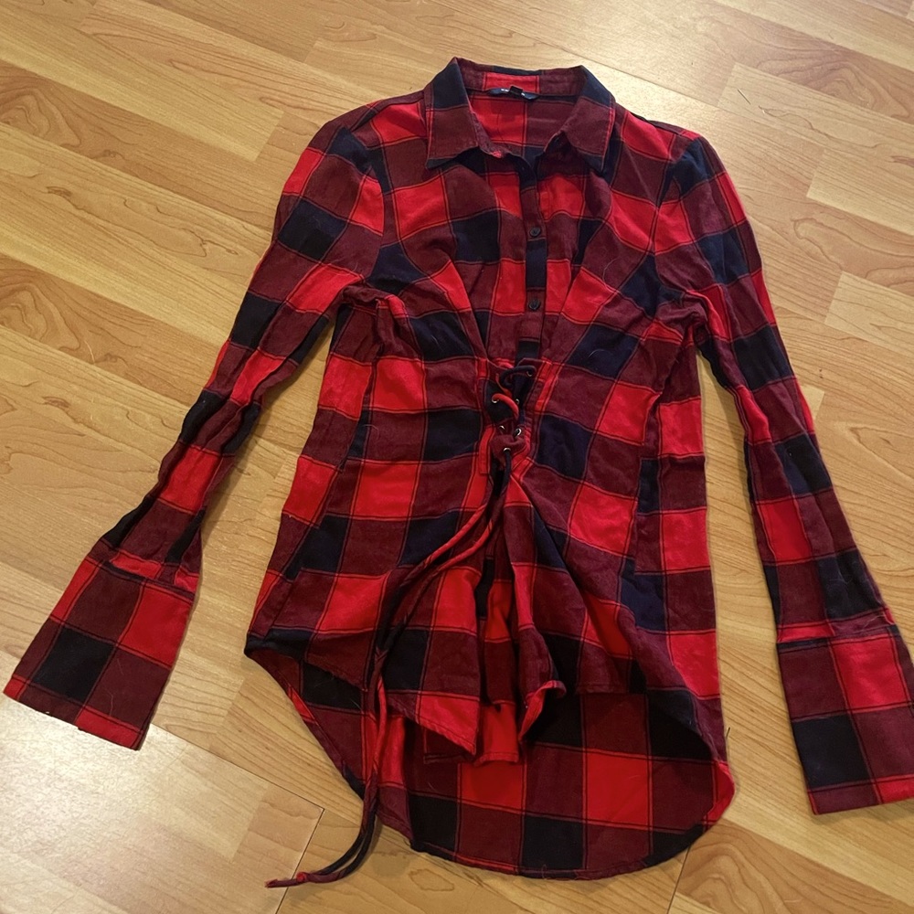 Long Sleeve Red Plaid Extra Long Blouse